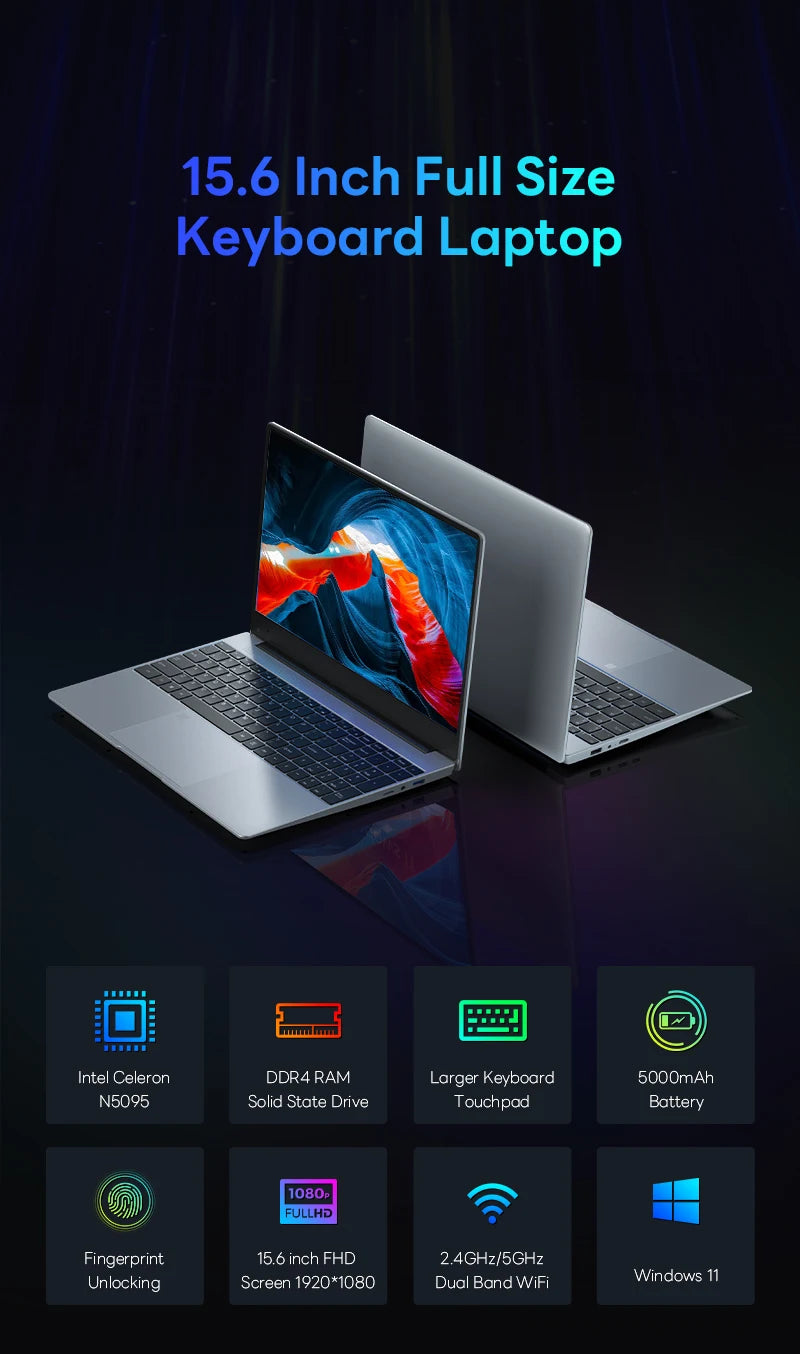 BYONE-Laptop Gaming portátil, tela IPS de 15,6 polegadas, 16GB de RAM, Intel 11