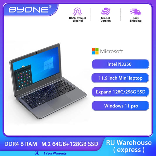BYONE-Mini Laptop de 11,6 Polegadas, Intel N3350, Laptops baratos, 6GB de RAM, 6